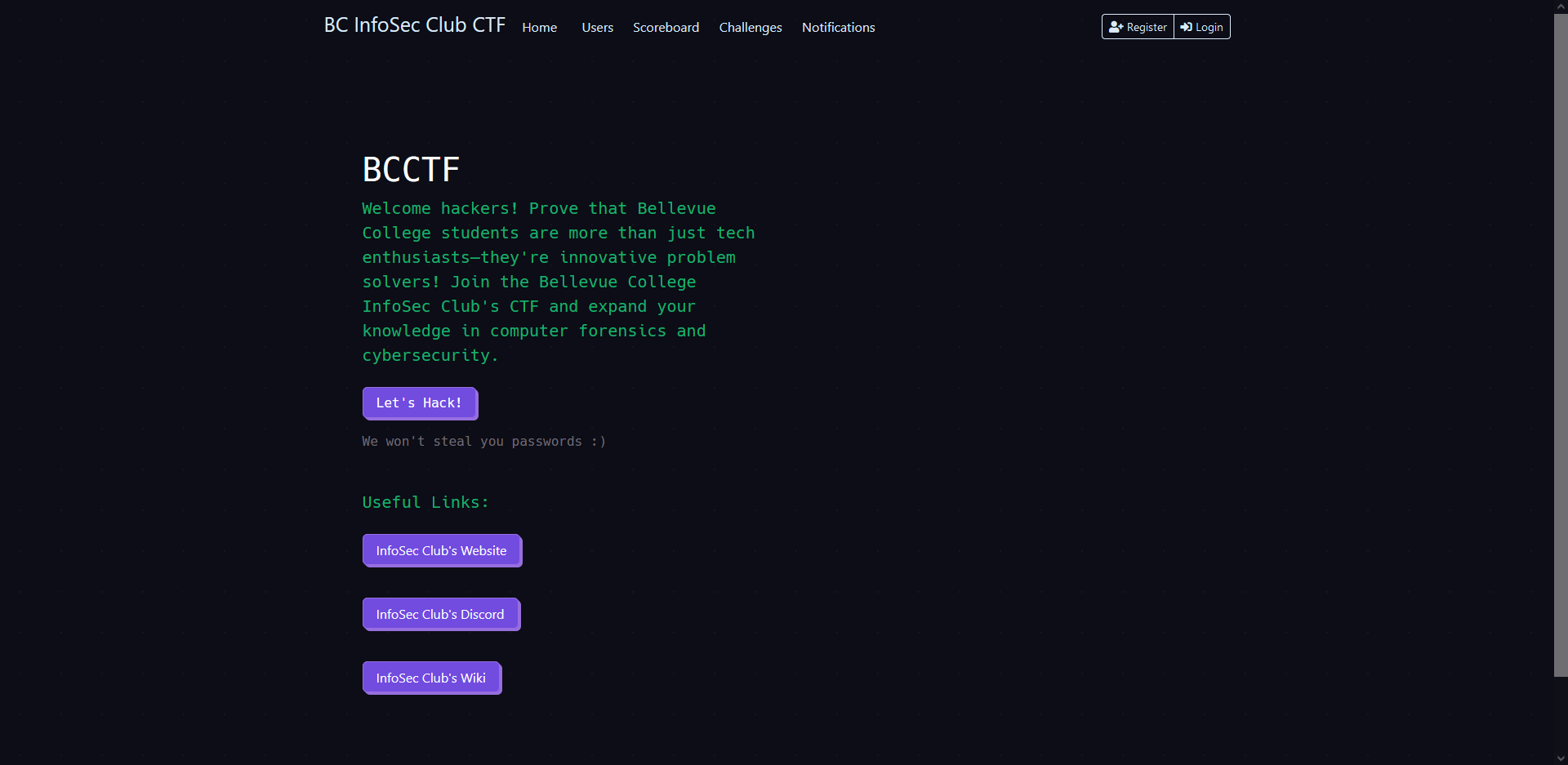 A picture showing the homepage of InfoSec Club’s BCCTF