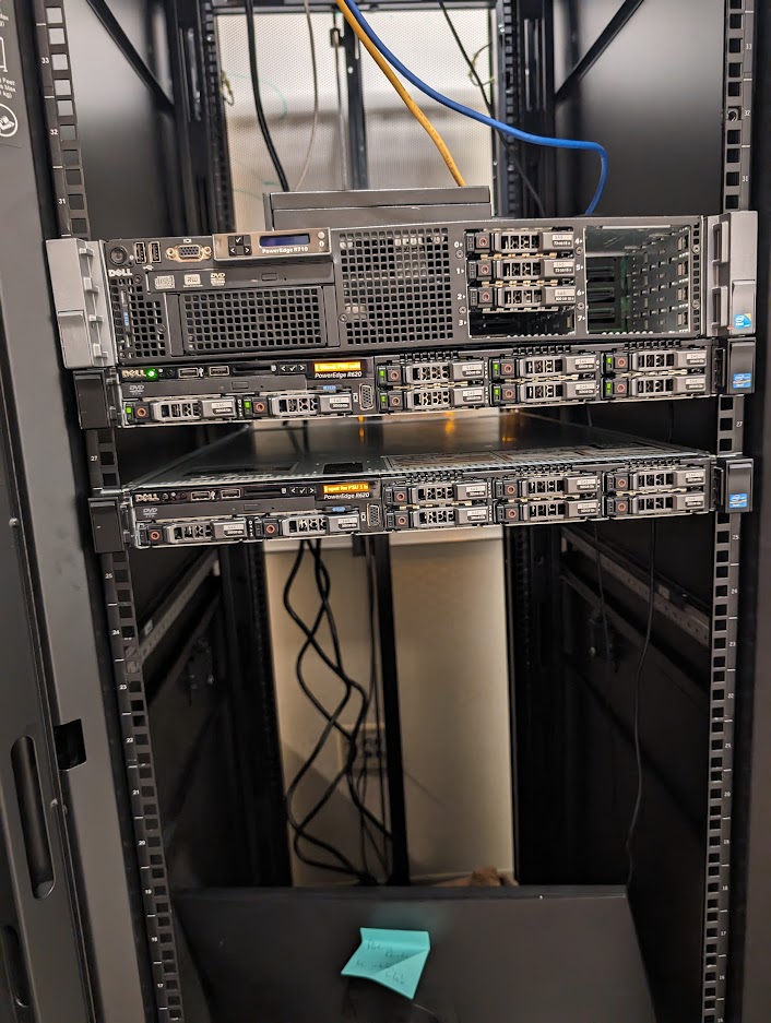 Picture of a server rack, containing BC InfoSec Club’s servers, FitzRoy and Taranaki