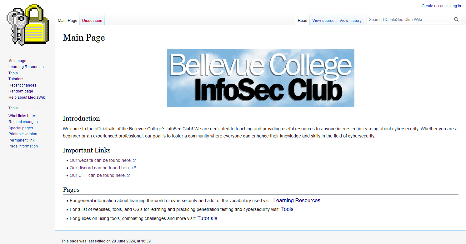 A picture showing the homepage of InfoSec Club’s MediaWiki instance, allowing club members to add to a wealth of resources in standard wiki format!