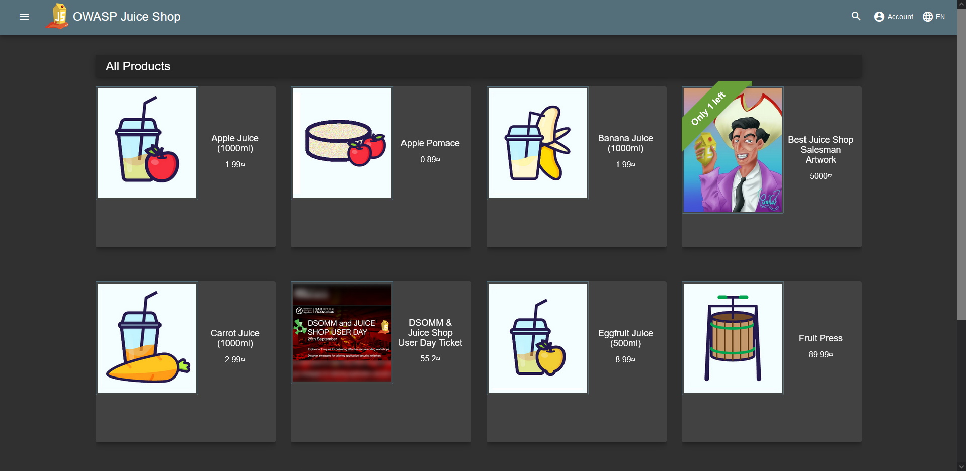 A picture showing the homepage of InfoSec Club’s instance of Juice Shop, a vulnerable webpage, designed to teach.