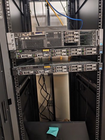 Picture of a server rack, containing BC InfoSec Club's servers, FitzRoy and Taranaki
