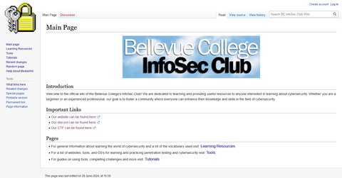 A picture showing the homepage of InfoSec Club's MediaWiki instance, allowing club members to add to a wealth of resources in standard wiki format!