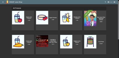 A picture showing the homepage of InfoSec Club's instance of Juice Shop, a vulnerable webpage, designed to teach.